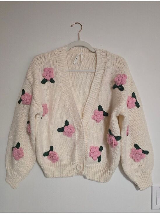 Dreamers By Debut Sweaters - Dreamers by Debut 3D Floral Chunky Knit Cardigan Sweater Cream Pink Size XSmall